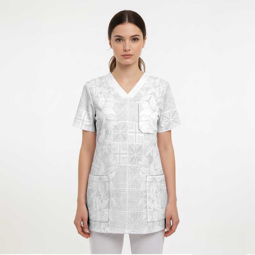 Nigeria Osun-Osogbo Festival Scrub Top White Lily Lei With Yoruba Pattern - Wonder Print Shop