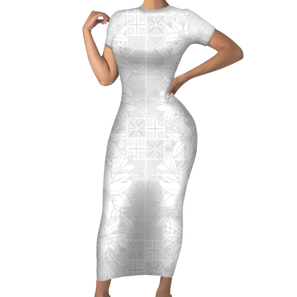Nigeria Osun-Osogbo Festival Short Sleeve Bodycon Dress White Lily Lei With Yoruba Pattern - Wonder Print Shop