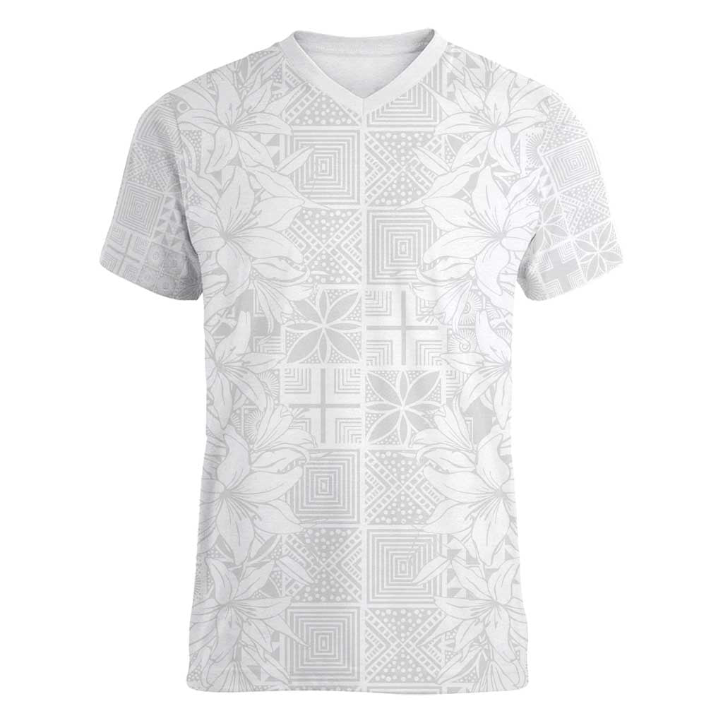 Nigeria Osun-Osogbo Festival Women V-Neck T-Shirt White Lily Lei With Yoruba Pattern - Wonder Print Shop