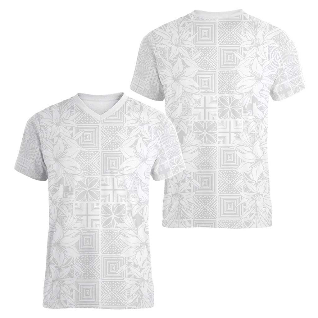 Nigeria Osun-Osogbo Festival Women V-Neck T-Shirt White Lily Lei With Yoruba Pattern - Wonder Print Shop