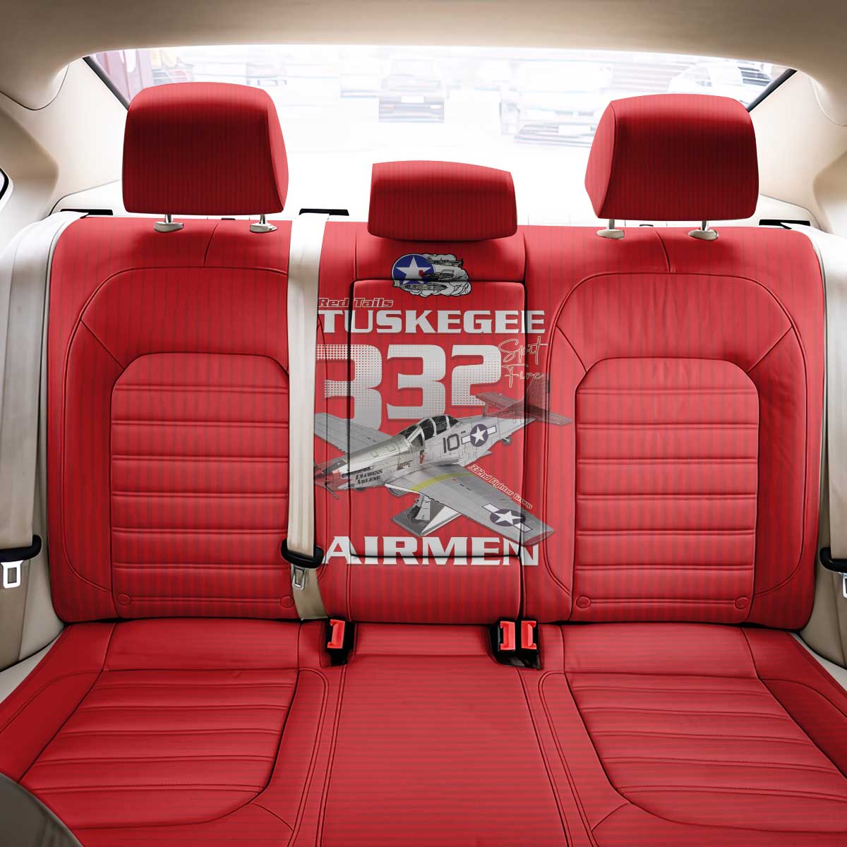 Tuskegee Red Tails Airmen Back Car Seat Cover P-51 Mustang 332nd Fighter Group - Red - Wonder Print Shop