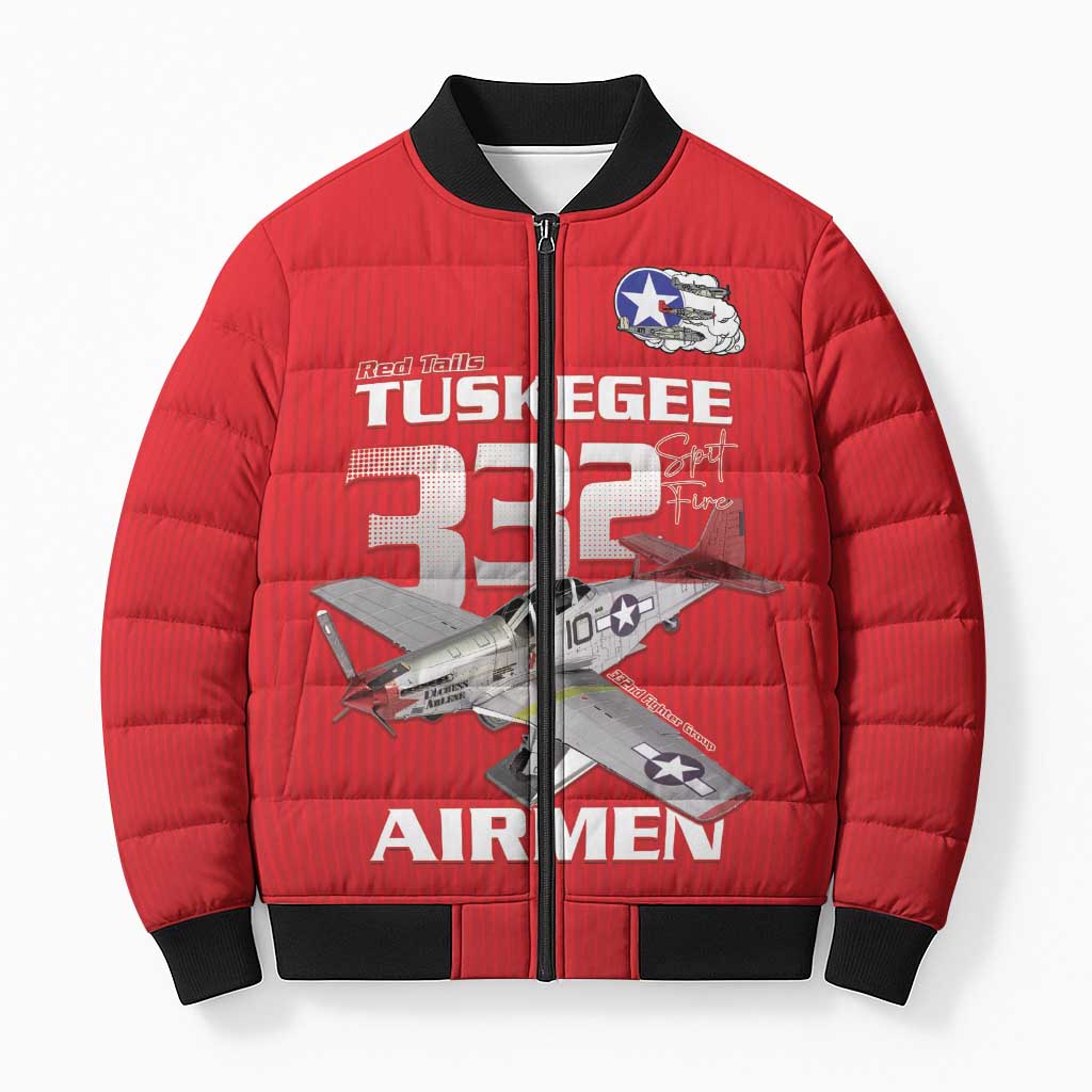 Tuskegee Red Tails Airmen Bomber Puffer Jacket P-51 Mustang 332nd Fighter Group - Red - Wonder Print Shop