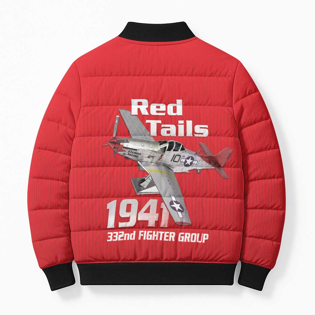 Tuskegee Red Tails Airmen Bomber Puffer Jacket P-51 Mustang 332nd Fighter Group - Red - Wonder Print Shop