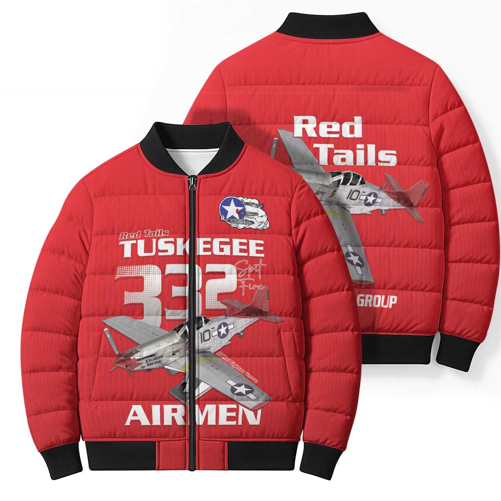 Tuskegee Red Tails Airmen Bomber Puffer Jacket P-51 Mustang 332nd Fighter Group - Red - Wonder Print Shop
