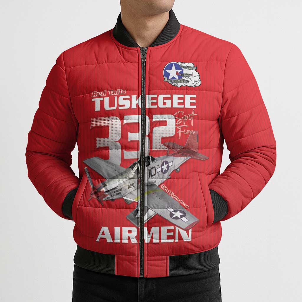 Tuskegee Red Tails Airmen Bomber Puffer Jacket P-51 Mustang 332nd Fighter Group - Red - Wonder Print Shop