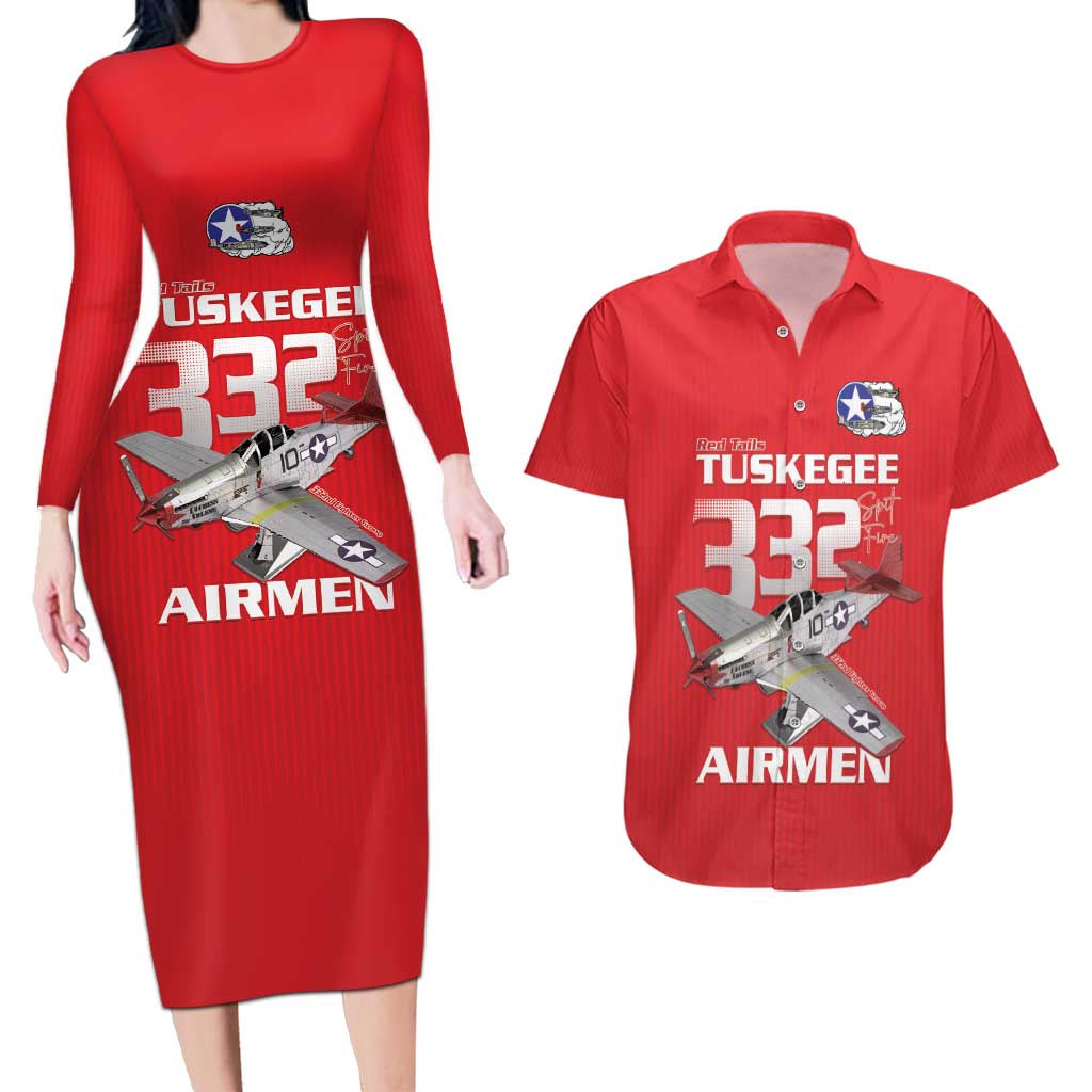 Tuskegee Red Tails Airmen Couples Matching Long Sleeve Bodycon Dress and Hawaiian Shirt P-51 Mustang 332nd Fighter Group - Red - Wonder Print Shop