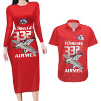 Tuskegee Red Tails Airmen Couples Matching Long Sleeve Bodycon Dress and Hawaiian Shirt P-51 Mustang 332nd Fighter Group - Red - Wonder Print Shop