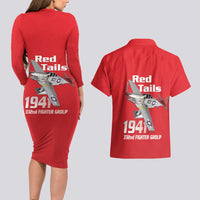 Tuskegee Red Tails Airmen Couples Matching Long Sleeve Bodycon Dress and Hawaiian Shirt P-51 Mustang 332nd Fighter Group - Red - Wonder Print Shop