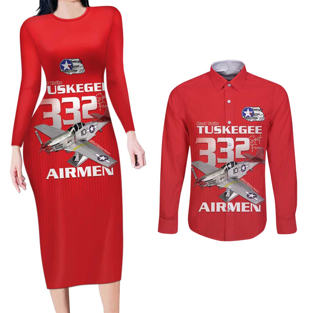 Tuskegee Red Tails Airmen Couples Matching Long Sleeve Bodycon Dress and Long Sleeve Button Shirt P-51 Mustang 332nd Fighter Group - Red - Wonder Print Shop