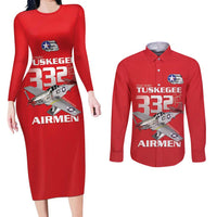 Tuskegee Red Tails Airmen Couples Matching Long Sleeve Bodycon Dress and Long Sleeve Button Shirt P-51 Mustang 332nd Fighter Group - Red - Wonder Print Shop