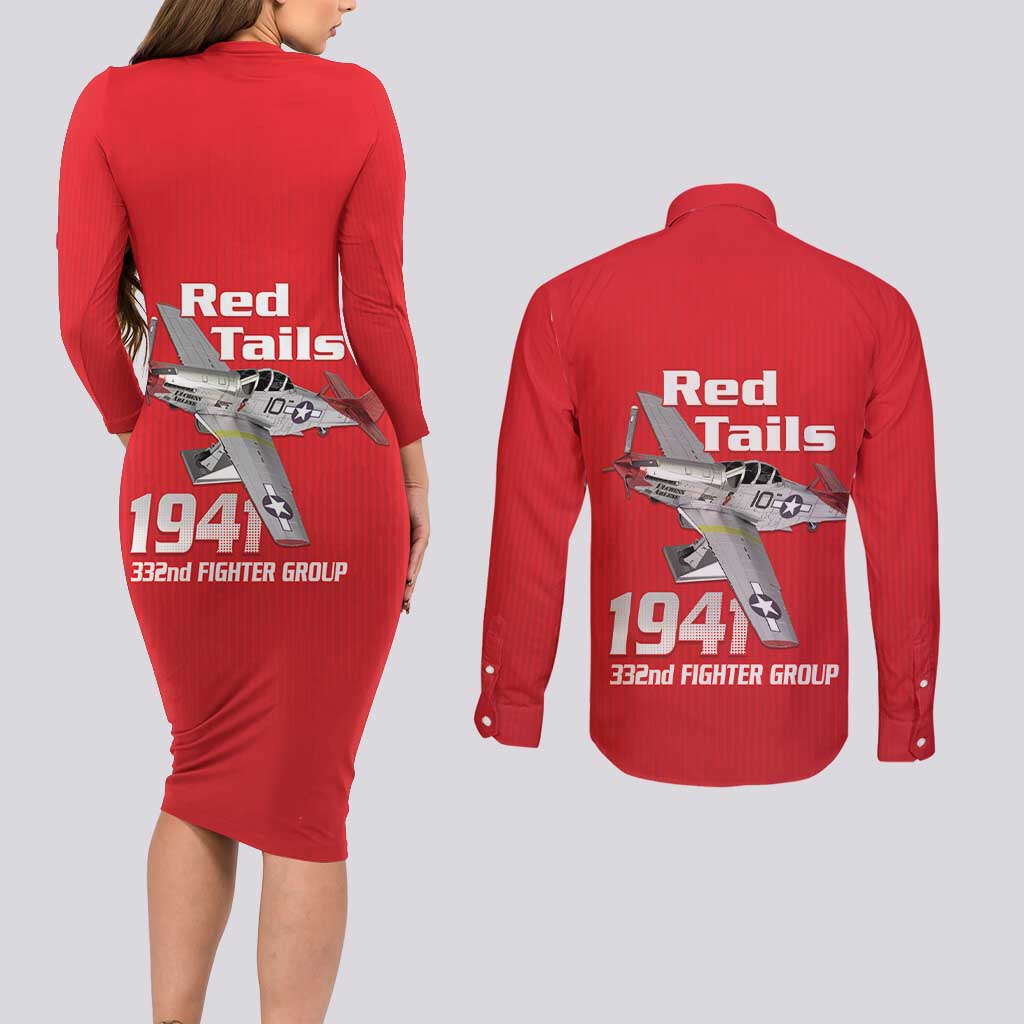 Tuskegee Red Tails Airmen Couples Matching Long Sleeve Bodycon Dress and Long Sleeve Button Shirt P-51 Mustang 332nd Fighter Group - Red - Wonder Print Shop