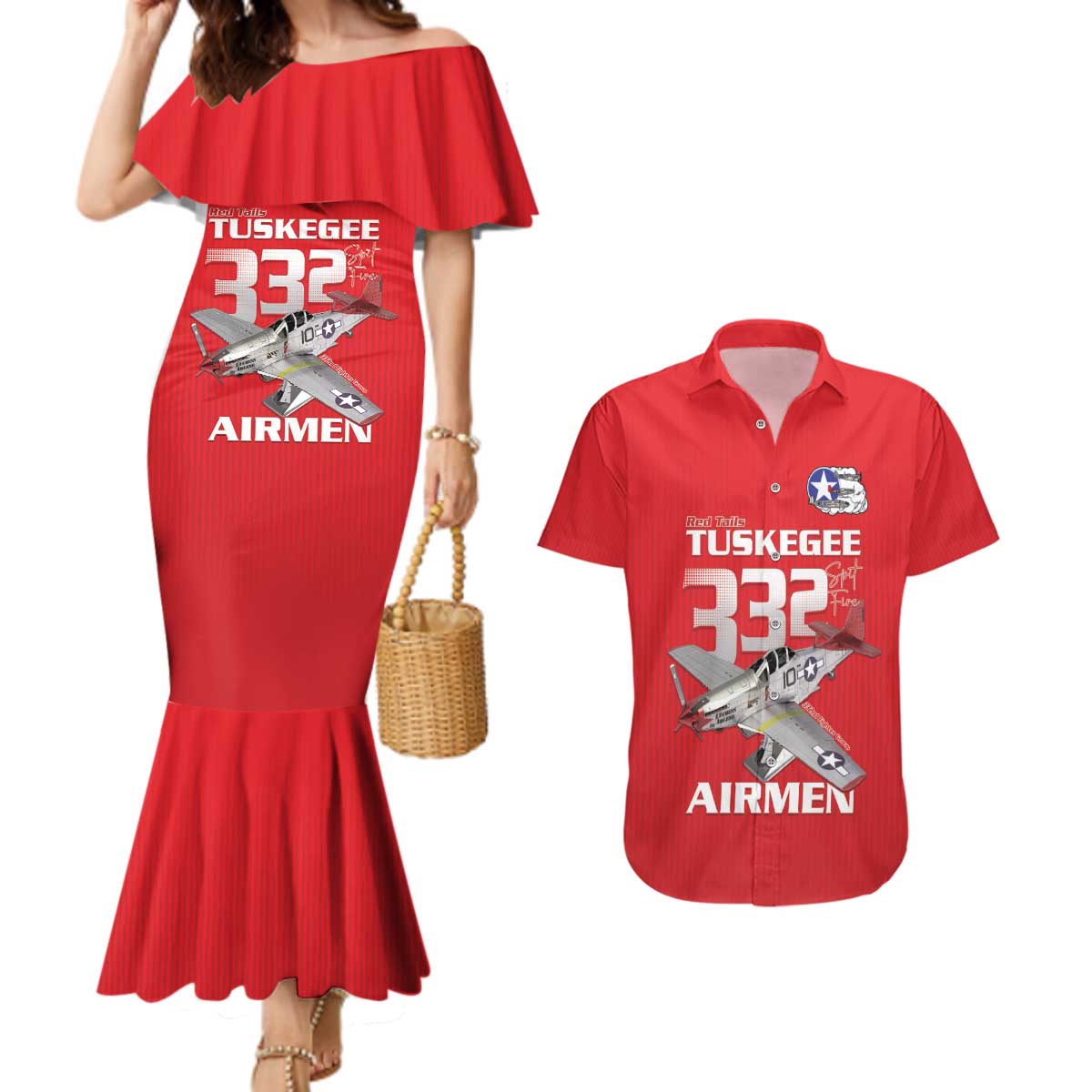 Tuskegee Red Tails Airmen Couples Matching Mermaid Dress and Hawaiian Shirt P-51 Mustang 332nd Fighter Group - Red - Wonder Print Shop
