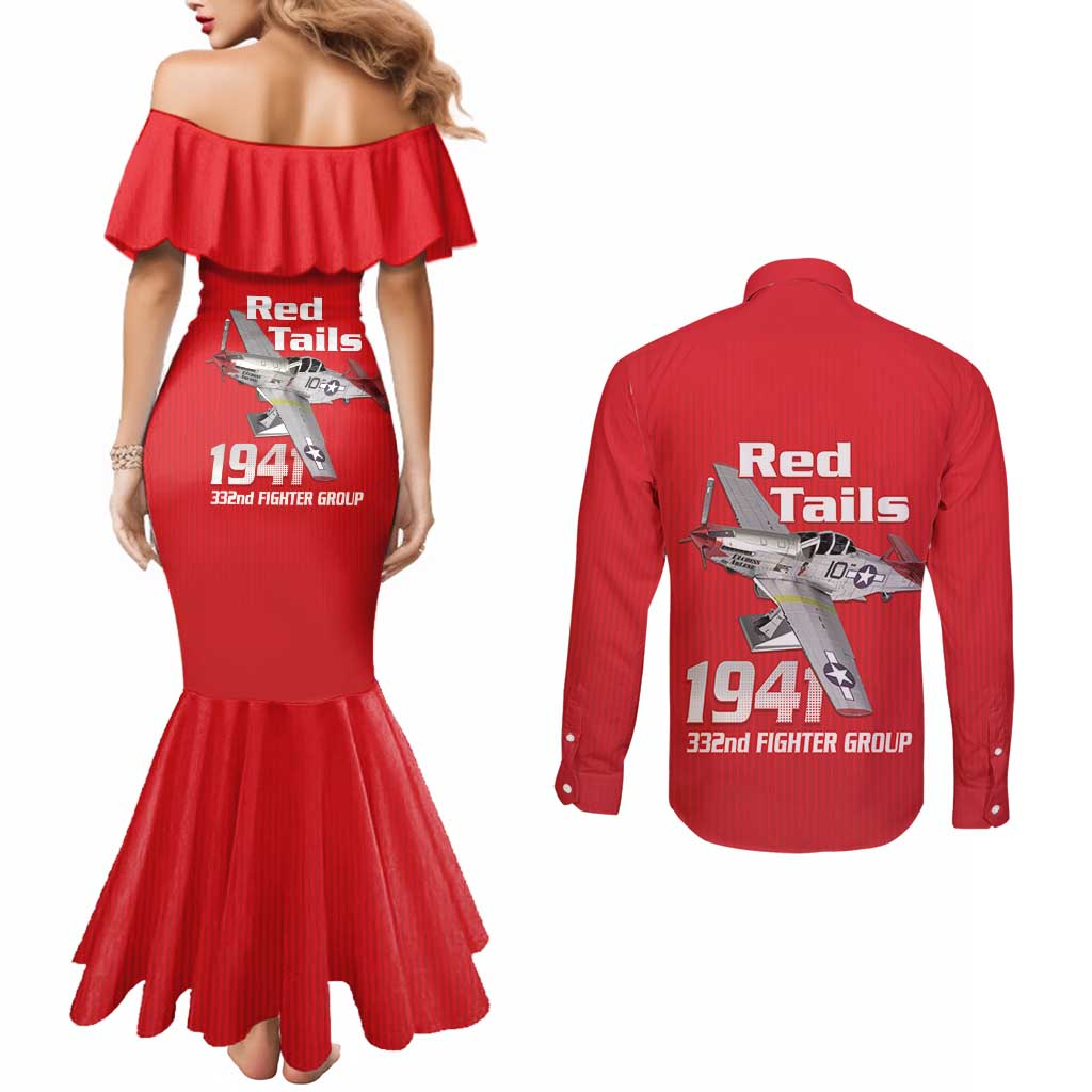 Tuskegee Red Tails Airmen Couples Matching Mermaid Dress and Long Sleeve Button Shirt P-51 Mustang 332nd Fighter Group - Red - Wonder Print Shop
