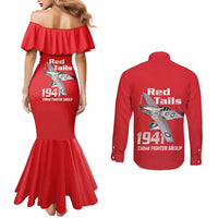 Tuskegee Red Tails Airmen Couples Matching Mermaid Dress and Long Sleeve Button Shirt P-51 Mustang 332nd Fighter Group - Red - Wonder Print Shop