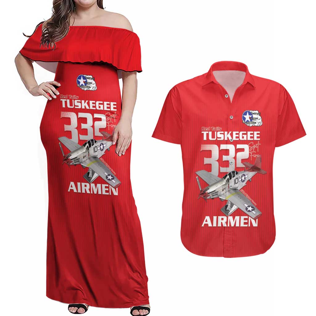 Tuskegee Red Tails Airmen Couples Matching Off Shoulder Maxi Dress and Hawaiian Shirt P-51 Mustang 332nd Fighter Group - Red - Wonder Print Shop