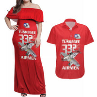 Tuskegee Red Tails Airmen Couples Matching Off Shoulder Maxi Dress and Hawaiian Shirt P-51 Mustang 332nd Fighter Group - Red - Wonder Print Shop