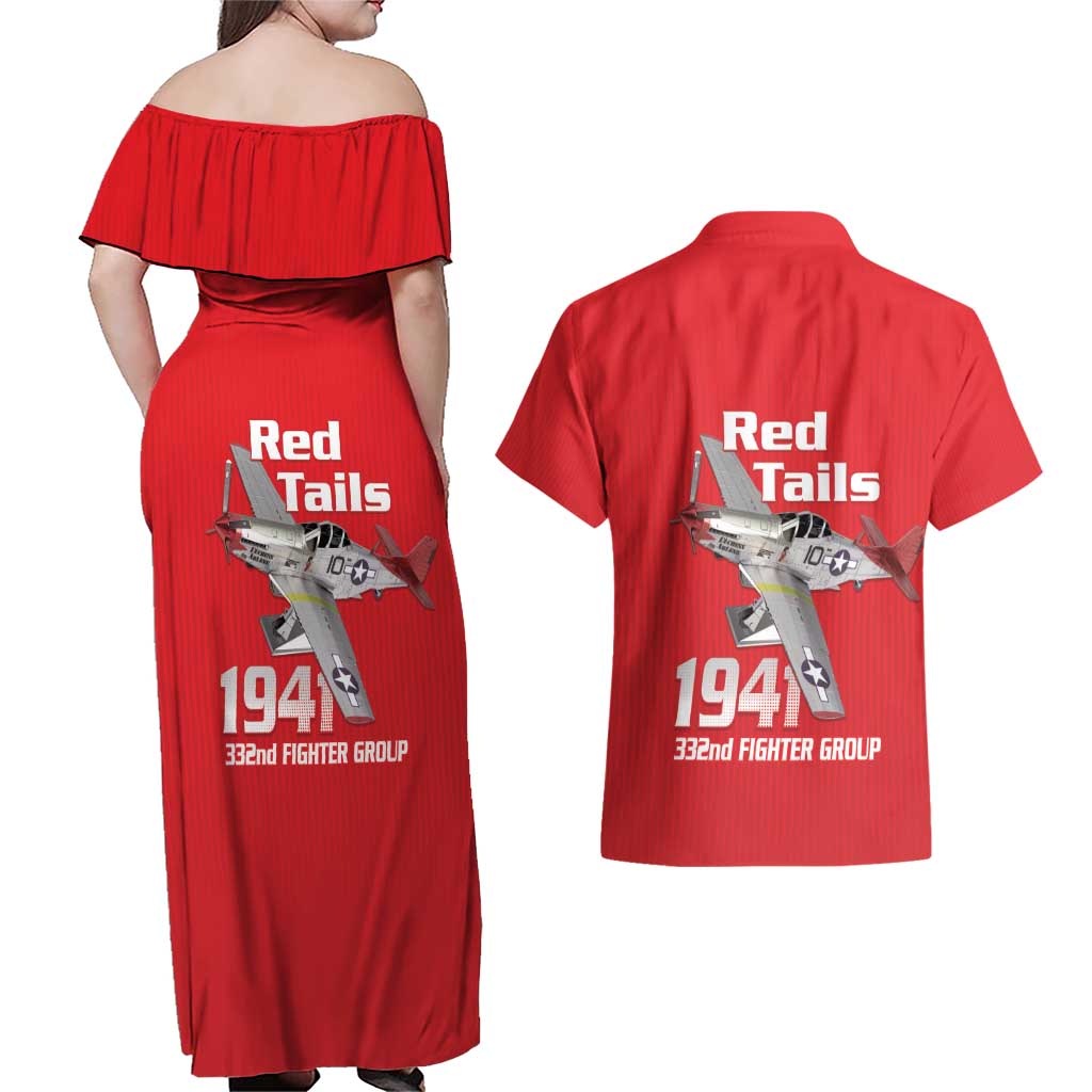Tuskegee Red Tails Airmen Couples Matching Off Shoulder Maxi Dress and Hawaiian Shirt P-51 Mustang 332nd Fighter Group - Red - Wonder Print Shop