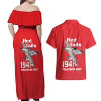 Tuskegee Red Tails Airmen Couples Matching Off Shoulder Maxi Dress and Hawaiian Shirt P-51 Mustang 332nd Fighter Group - Red - Wonder Print Shop