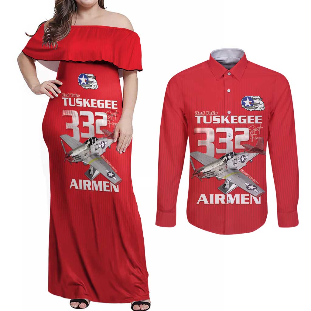 Tuskegee Red Tails Airmen Couples Matching Off Shoulder Maxi Dress and Long Sleeve Button Shirt P-51 Mustang 332nd Fighter Group - Red - Wonder Print Shop