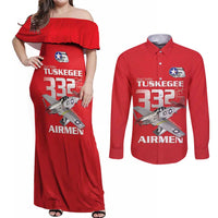 Tuskegee Red Tails Airmen Couples Matching Off Shoulder Maxi Dress and Long Sleeve Button Shirt P-51 Mustang 332nd Fighter Group - Red - Wonder Print Shop