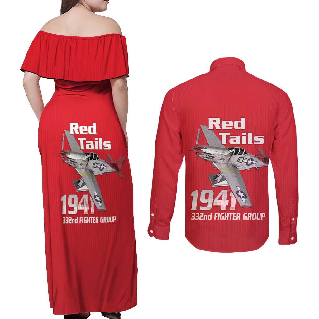 Tuskegee Red Tails Airmen Couples Matching Off Shoulder Maxi Dress and Long Sleeve Button Shirt P-51 Mustang 332nd Fighter Group - Red - Wonder Print Shop