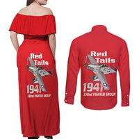 Tuskegee Red Tails Airmen Couples Matching Off Shoulder Maxi Dress and Long Sleeve Button Shirt P-51 Mustang 332nd Fighter Group - Red - Wonder Print Shop