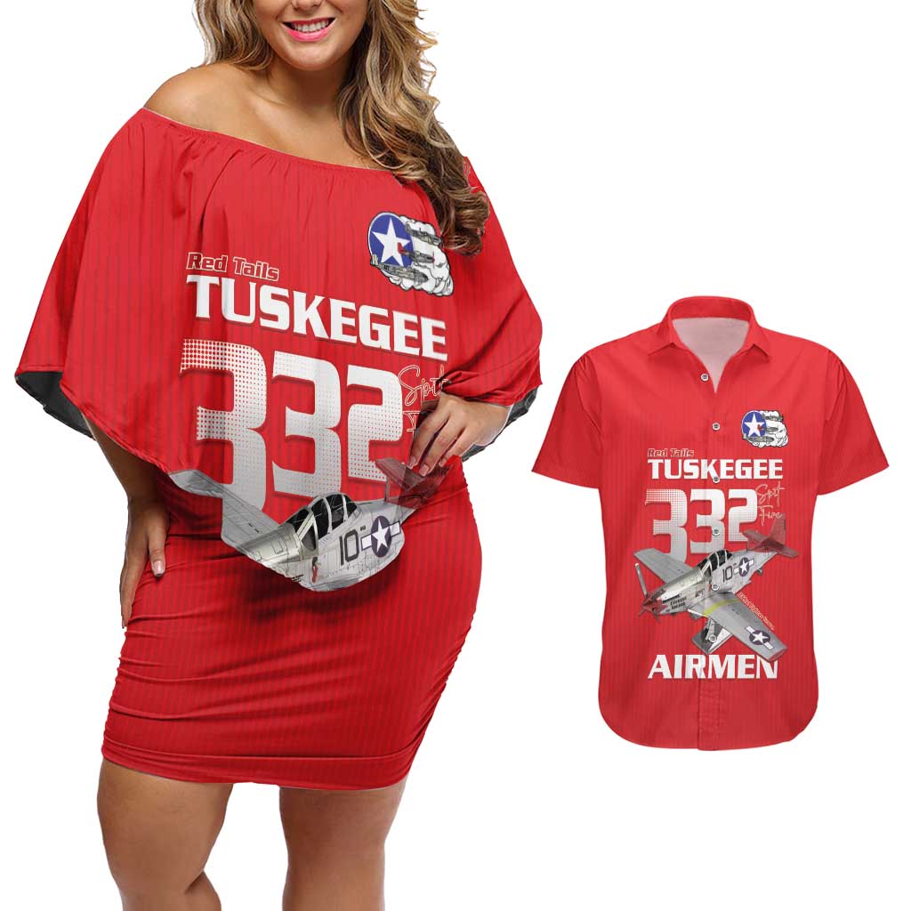Tuskegee Red Tails Airmen Couples Matching Off Shoulder Short Dress and Hawaiian Shirt P-51 Mustang 332nd Fighter Group - Red - Wonder Print Shop