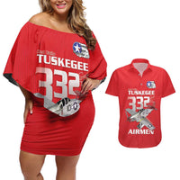 Tuskegee Red Tails Airmen Couples Matching Off Shoulder Short Dress and Hawaiian Shirt P-51 Mustang 332nd Fighter Group - Red - Wonder Print Shop