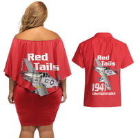 Tuskegee Red Tails Airmen Couples Matching Off Shoulder Short Dress and Hawaiian Shirt P-51 Mustang 332nd Fighter Group - Red - Wonder Print Shop