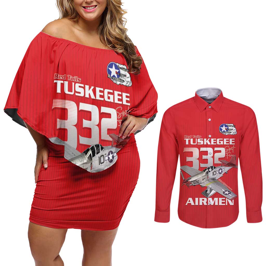 Tuskegee Red Tails Airmen Couples Matching Off Shoulder Short Dress and Long Sleeve Button Shirt P-51 Mustang 332nd Fighter Group - Red - Wonder Print Shop