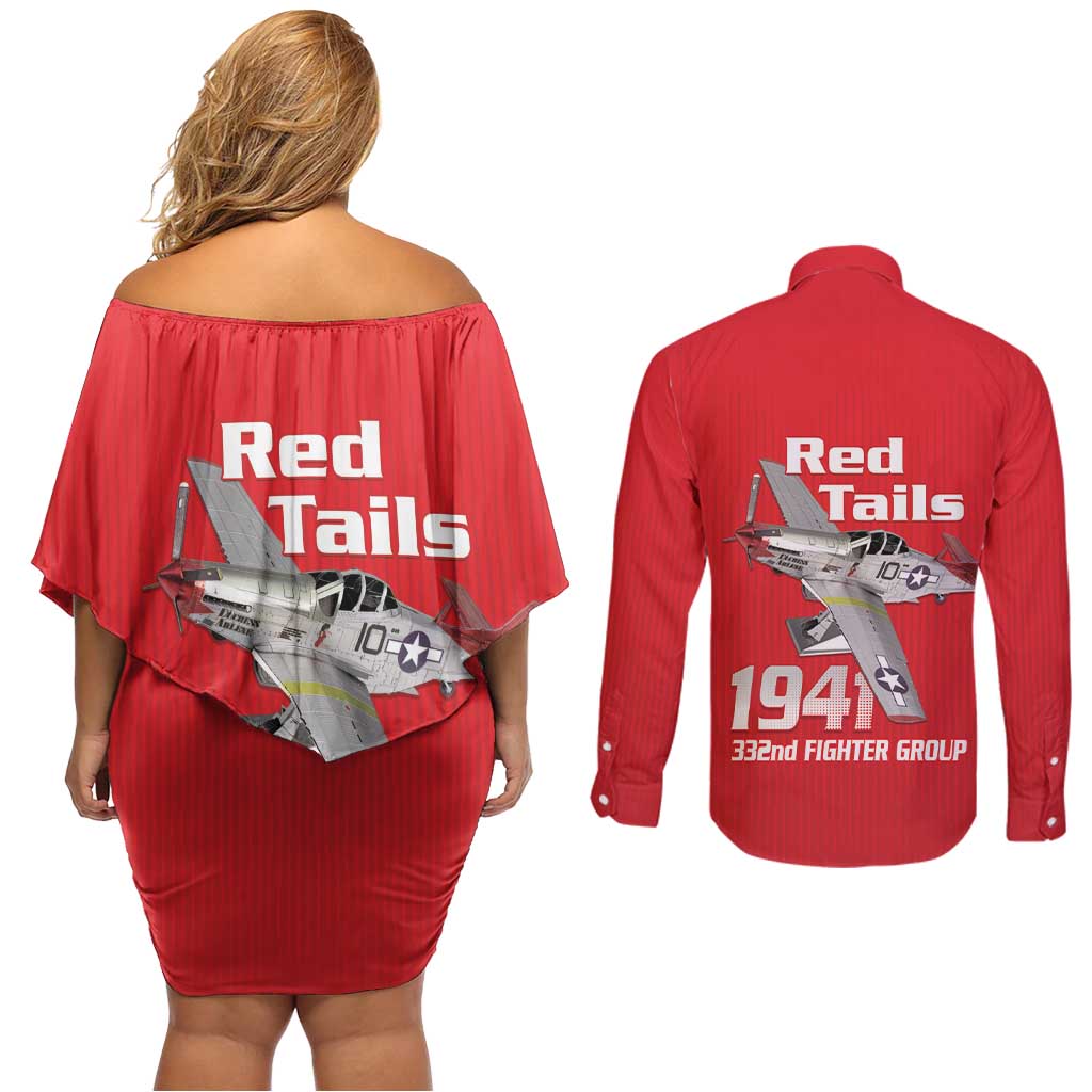Tuskegee Red Tails Airmen Couples Matching Off Shoulder Short Dress and Long Sleeve Button Shirt P-51 Mustang 332nd Fighter Group - Red - Wonder Print Shop