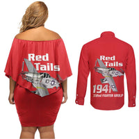 Tuskegee Red Tails Airmen Couples Matching Off Shoulder Short Dress and Long Sleeve Button Shirt P-51 Mustang 332nd Fighter Group - Red - Wonder Print Shop