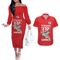 Tuskegee Red Tails Airmen Couples Matching Off The Shoulder Long Sleeve Dress and Hawaiian Shirt P-51 Mustang 332nd Fighter Group - Red - Wonder Print Shop