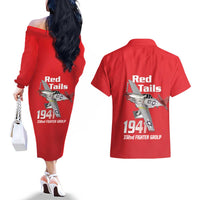 Tuskegee Red Tails Airmen Couples Matching Off The Shoulder Long Sleeve Dress and Hawaiian Shirt P-51 Mustang 332nd Fighter Group - Red - Wonder Print Shop