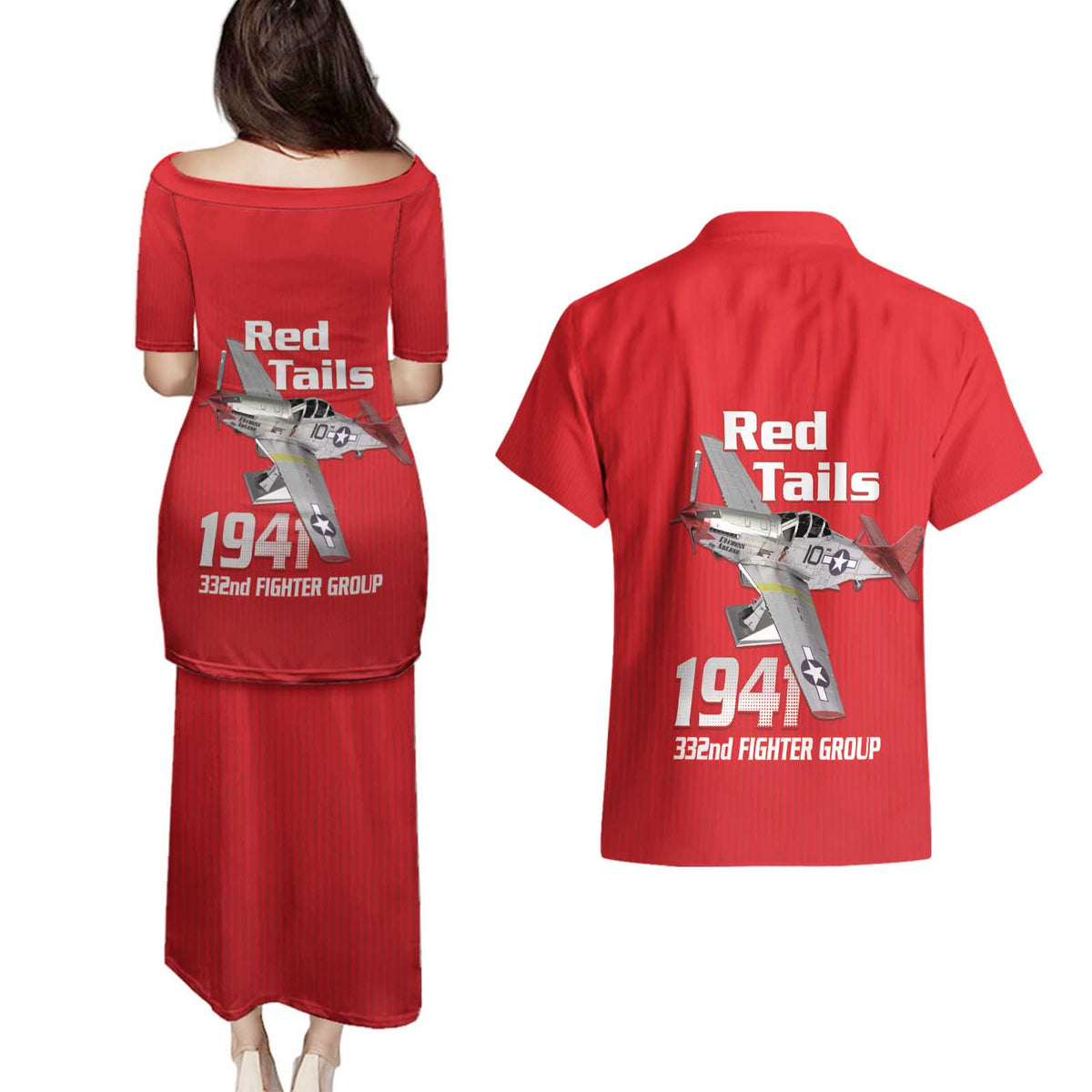 Tuskegee Red Tails Airmen Couples Matching Puletasi and Hawaiian Shirt P-51 Mustang 332nd Fighter Group - Red - Wonder Print Shop