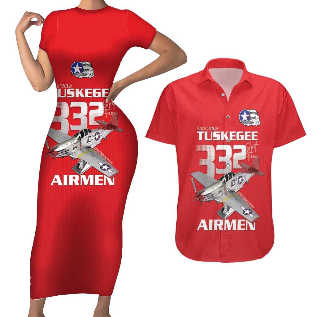 Tuskegee Red Tails Airmen Couples Matching Short Sleeve Bodycon Dress and Hawaiian Shirt P-51 Mustang 332nd Fighter Group - Red - Wonder Print Shop