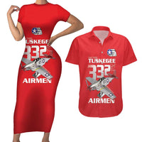 Tuskegee Red Tails Airmen Couples Matching Short Sleeve Bodycon Dress and Hawaiian Shirt P-51 Mustang 332nd Fighter Group - Red - Wonder Print Shop