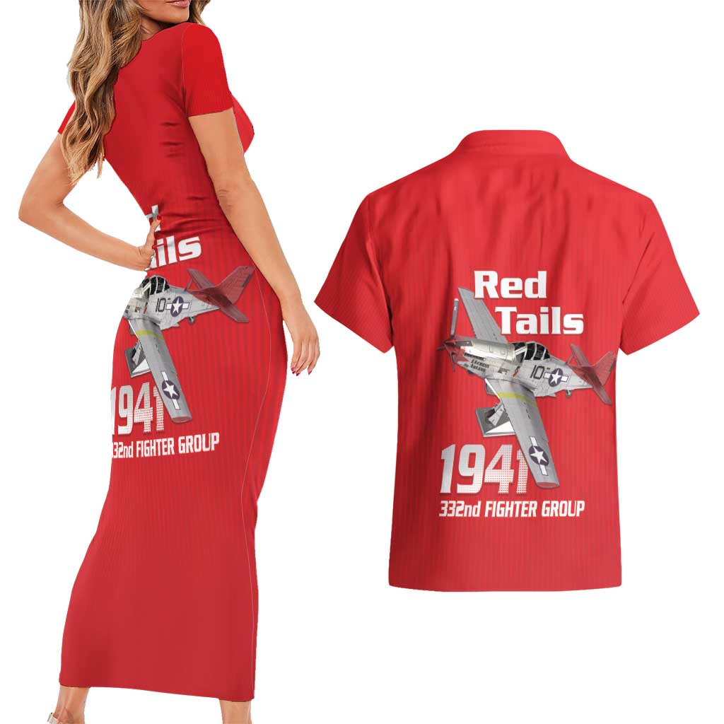 Tuskegee Red Tails Airmen Couples Matching Short Sleeve Bodycon Dress and Hawaiian Shirt P-51 Mustang 332nd Fighter Group - Red - Wonder Print Shop