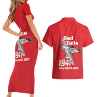 Tuskegee Red Tails Airmen Couples Matching Short Sleeve Bodycon Dress and Hawaiian Shirt P-51 Mustang 332nd Fighter Group - Red - Wonder Print Shop