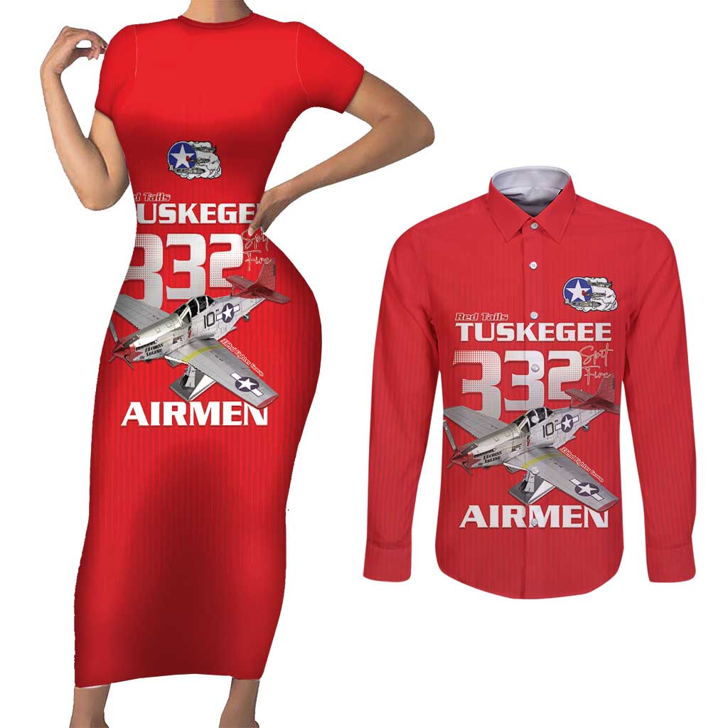 Tuskegee Red Tails Airmen Couples Matching Short Sleeve Bodycon Dress and Long Sleeve Button Shirt P-51 Mustang 332nd Fighter Group - Red - Wonder Print Shop