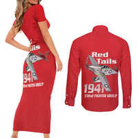 Tuskegee Red Tails Airmen Couples Matching Short Sleeve Bodycon Dress and Long Sleeve Button Shirt P-51 Mustang 332nd Fighter Group - Red - Wonder Print Shop