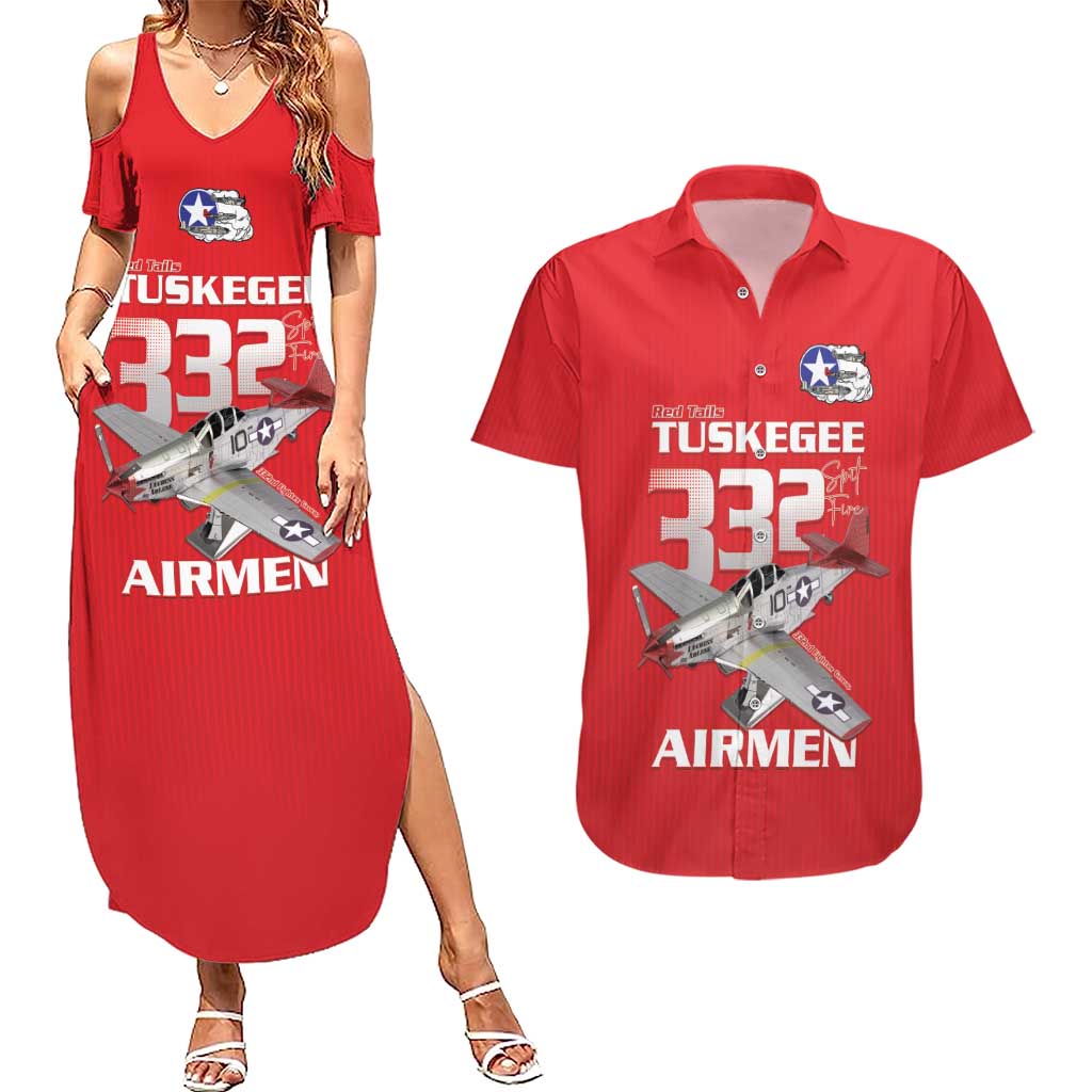 Tuskegee Red Tails Airmen Couples Matching Summer Maxi Dress and Hawaiian Shirt P-51 Mustang 332nd Fighter Group - Red - Wonder Print Shop