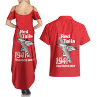 Tuskegee Red Tails Airmen Couples Matching Summer Maxi Dress and Hawaiian Shirt P-51 Mustang 332nd Fighter Group - Red - Wonder Print Shop