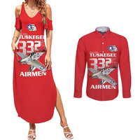 Tuskegee Red Tails Airmen Couples Matching Summer Maxi Dress and Long Sleeve Button Shirt P-51 Mustang 332nd Fighter Group - Red - Wonder Print Shop