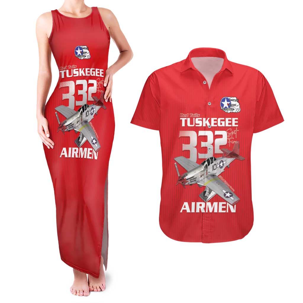 Tuskegee Red Tails Airmen Couples Matching Tank Maxi Dress and Hawaiian Shirt P-51 Mustang 332nd Fighter Group - Red - Wonder Print Shop