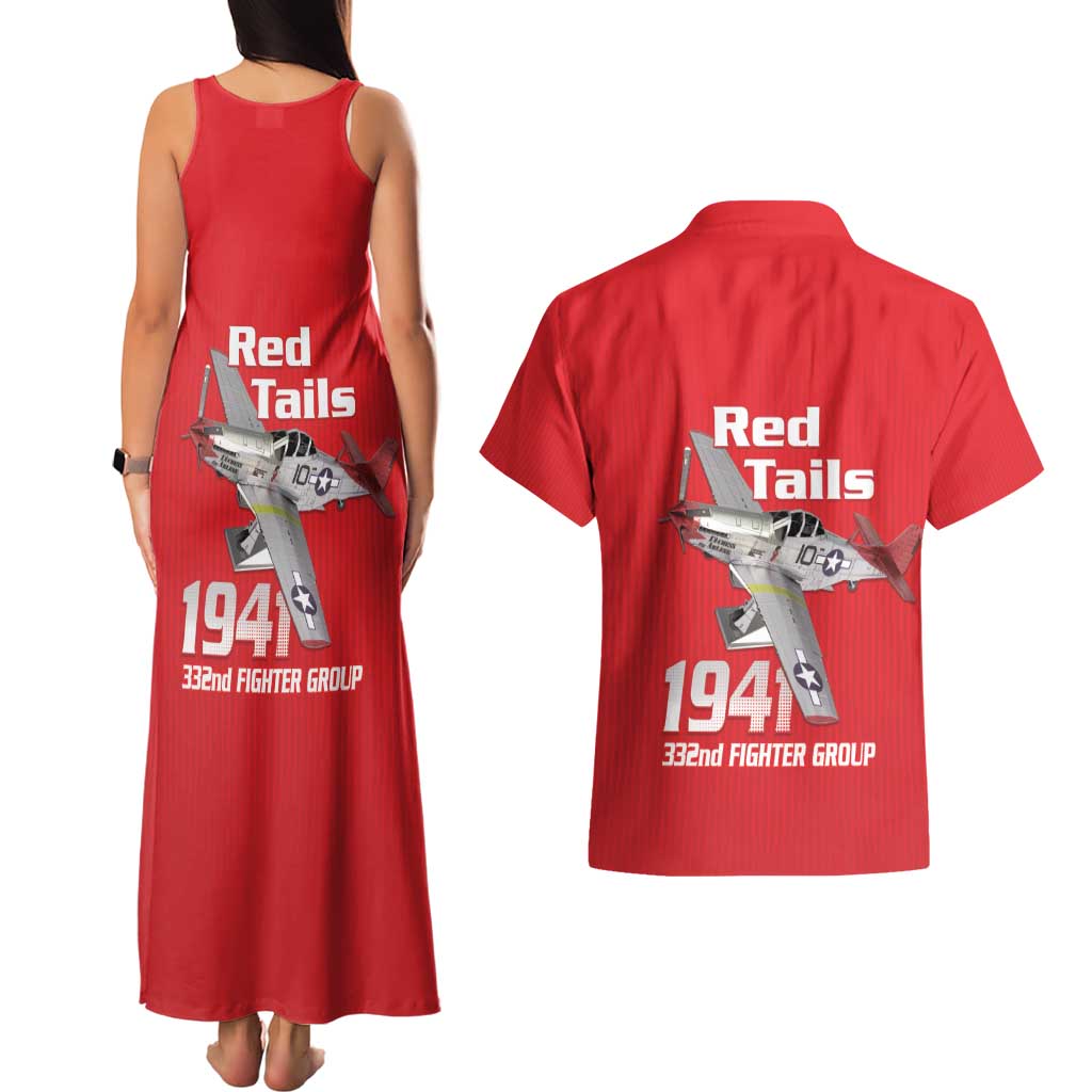 Tuskegee Red Tails Airmen Couples Matching Tank Maxi Dress and Hawaiian Shirt P-51 Mustang 332nd Fighter Group - Red - Wonder Print Shop