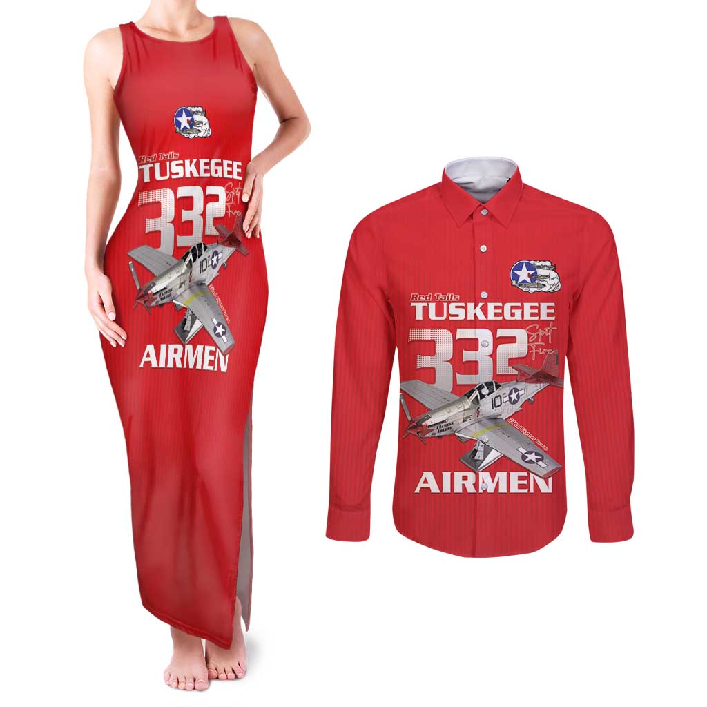 Tuskegee Red Tails Airmen Couples Matching Tank Maxi Dress and Long Sleeve Button Shirt P-51 Mustang 332nd Fighter Group - Red - Wonder Print Shop