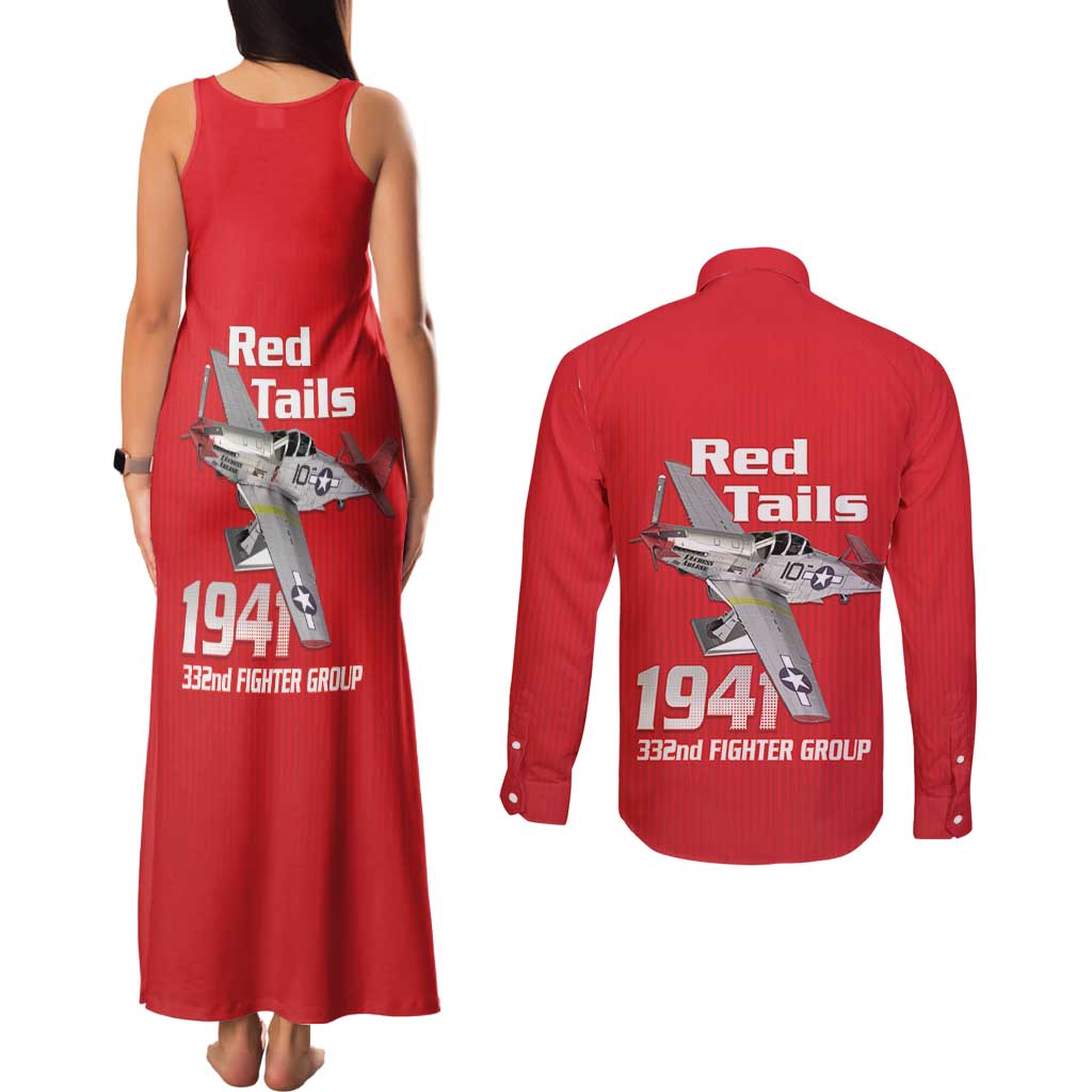 Tuskegee Red Tails Airmen Couples Matching Tank Maxi Dress and Long Sleeve Button Shirt P-51 Mustang 332nd Fighter Group - Red - Wonder Print Shop