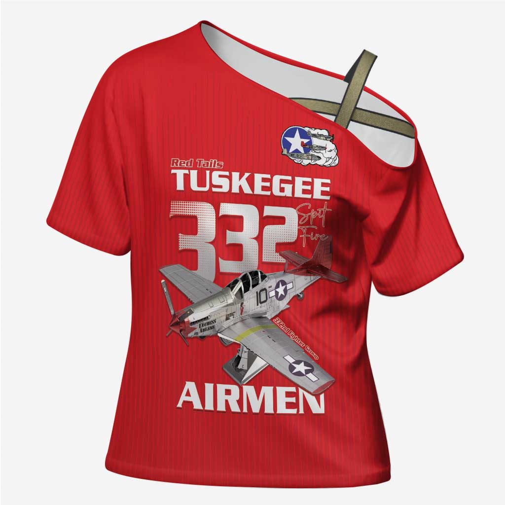 Tuskegee Red Tails Airmen Cross Shoulder Shirt P-51 Mustang 332nd Fighter Group - Red - Wonder Print Shop
