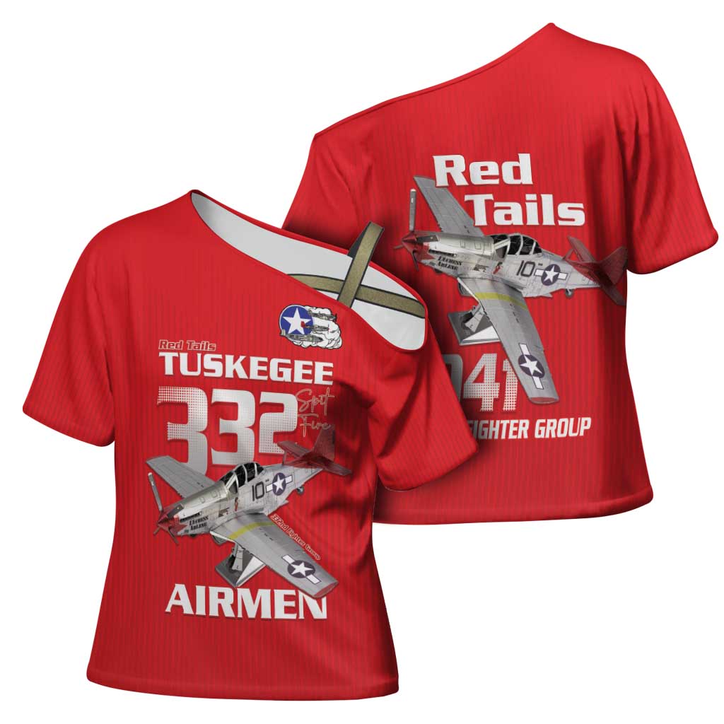 Tuskegee Red Tails Airmen Cross Shoulder Shirt P-51 Mustang 332nd Fighter Group - Red - Wonder Print Shop